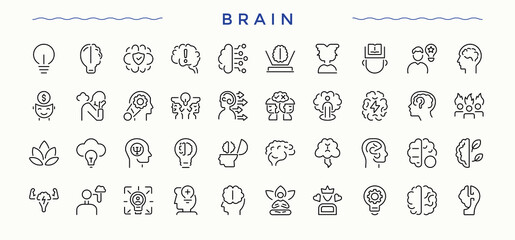 Brain icon set. Brainstorm icon set in linear style. Minimalist linear icons. Contains outline symbols like mind, psychology, mental, head and more. Signs for web and mobile app.