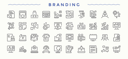 Branding icon set. Pack of strategy, brand, product, company and more. Identity icon set. Minimal icons set. Editable stroke. Pixel Perfect.