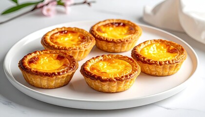 Close Up Of Five Golden Baked Egg Tarts On A White Plate With A Marble Background In Natural Daylight