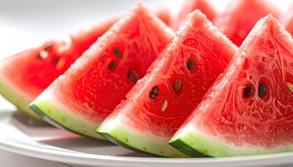 Close Up of Juicy Red Watermelon Slices with Black Seeds on White Plate With Soft Lighting