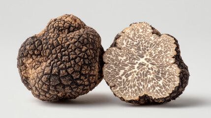 A minimalist of a truffle cut in half, revealing the marbled interior pattern. Isolated on a seamless, solid light gray background. Cross-section detail.