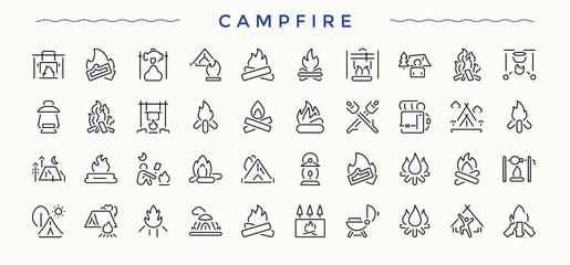 Campfire icon set. Trendy minimal icons. Pictograms of forest, tourism, camping, camp. Art and illustration. Camp icon set.