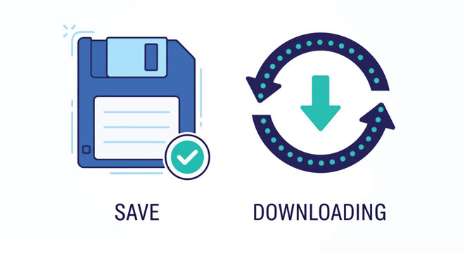 Vector illustration of save and downloading icons, representing data storage, file backup, and progress of downloading with a retro floppy disk