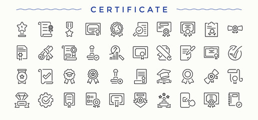 Certificate linear icon set. Quality line icon set. Minimal thin line web icons set. Pictograms of product, assurance, mark, control, inspect and more. Editable vector art.