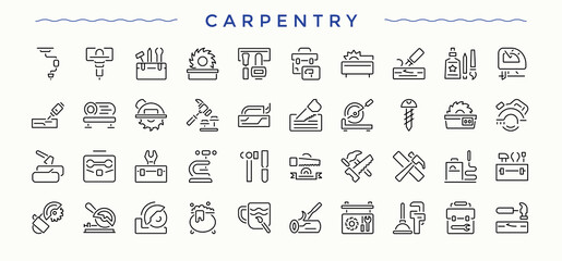 Carpentry related icon set. Handyman line icon set. Contains such icons as repair, tool, handyman, carpenter tools, craft and more. Editable vector illustration.