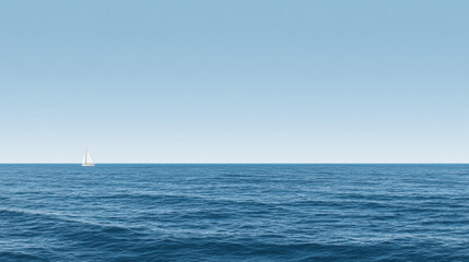 Obraz premium Distant Sailboat, A minimalist panoramic landscape of a calm ocean with a single, small sailboat on the horizon. Clear blue sky. copy space, journey and freedom concept.