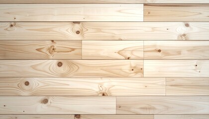 Close up of light brown wooden planks with visible grain and knots arranged horizontally in natural daylight full frame composition