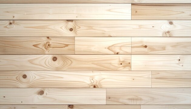 Close up of light brown wooden planks with visible grain and knots arranged horizontally in natural daylight full frame composition