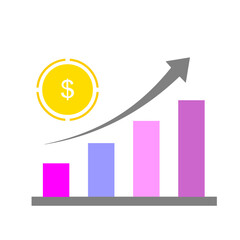A vibrant bar chart illustrating financial growth and increasing profits with an upward trend arrow and a dollar coin.