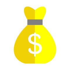 A bright yellow money bag with a prominent white dollar sign and a grey band, symbolizing finance, wealth, and savings.