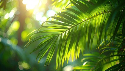 Close Up Of Lush Green Fern Fronds With Golden Sunlight Filtering Through The Leaves Creating A Soft Bokeh Effect In A Tropical Forest