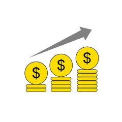 Illustration of financial growth with increasing stacks of dollar coins and an upward trend arrow, symbolizing prosperity and investment success.
