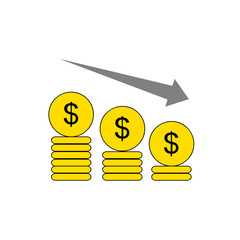Stacks of gold dollar coins decreasing in height with a downward arrow, symbolizing financial decline or loss.