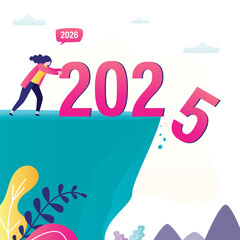 Confident businesswoman throws numbers 2025 off cliff into abyss. The end of year, celebration of new year 2026. Hope for best, motivation, forecasting.