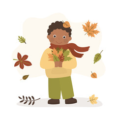 Cute kid playing with autumn leaves. Happy child in fall. Funny african american boy in outdoor activity, male character in warm clothes isolated on white background.