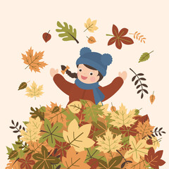 Cute kid playing and jumping with autumn leaves. Happy child in fall. Funny girl in outdoor activity, beauty female character in warm clothes isolated on white background.
