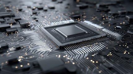 A close-up view of a computer chip on a circuit board, showcasing intricate patterns and electronic components.