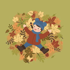 Cute kid playing and laying on autumn leaves. Happy child in fall. Funny girl in outdoor activity, beauty female character in warm clothes. Top view. Autumn defoliation