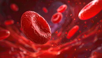 Close up of red blood cells flowing through a vein artery blood vessel with dark red background and cellular debris detailed microscopic view science and medical concept