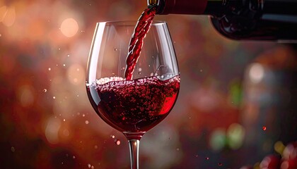 Close up of rich red wine being poured into a crystal glass from a dark bottle with sparkling bokeh lights in the background creating an elegant atmosphere for celebration