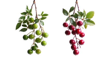 Two hanging cranberry branches with leaves one with green cranberries on transparent background