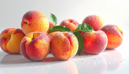 Close up of ripe peaches with water droplets and green leaves on a white background