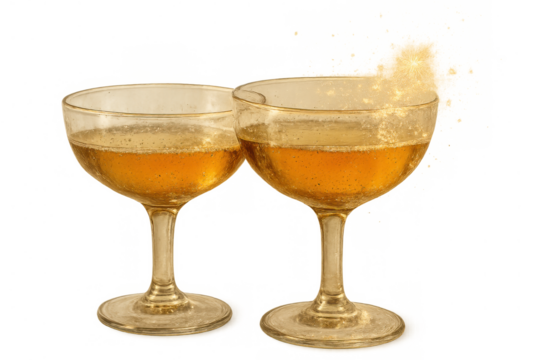 Two coupe glasses clinking, champagne splashing, symbolizing celebration, party, and luxury, transparent background included