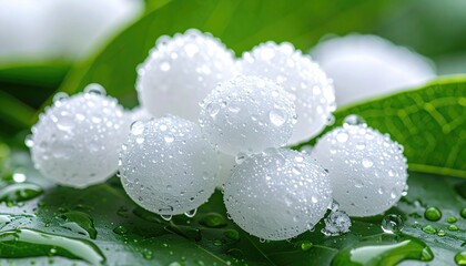 Close up of small white spheres covered in water droplets resting on vibrant green leaves during soft daylight illumination