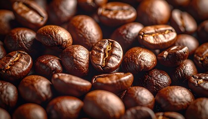 Close up of roasted coffee beans with detailed texture and rich brown color in natural light