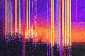 Abstract sunset with glitch effect; purple, orange, and rainbow hues
