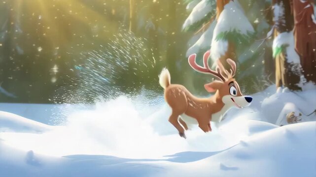 Happy cartoon reindeer running through magical winter snow forest, joyful character jumping in beautiful landscape