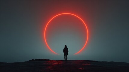 Silhouette person standing before large illuminated red circle abstract artwork