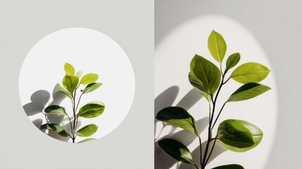 Green leafy plant branches isolated on a white background and casting shadows