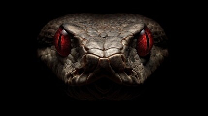 Close up of a snakes head with piercing red eyes on black background
