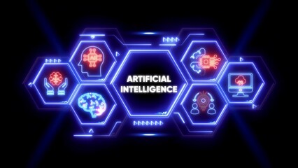 Artificial Intelligence concept with glowing neon hexagons and icons technology innovation