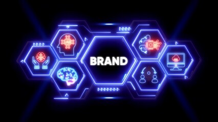 BRAND concept with AI and technology icons in neon hexagons BRAND branding