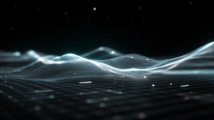 Digital Waveform: An abstract, luminous digital waveform, its peaks and valleys suggesting data flow or sonic landscapes, against a darkened backdrop.