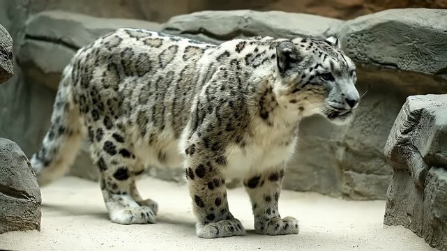 Majestic Snow Leopard Walking with Confidence on Sand Against Rocky Background