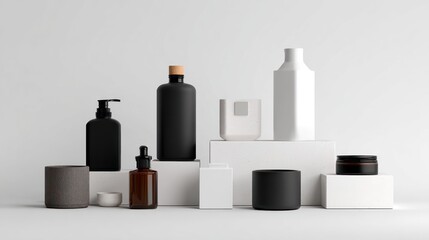 Cosmetic product bottles and jars displayed on a white surface mockup