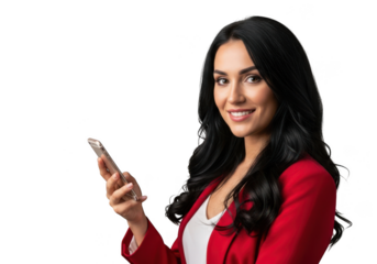 Smiling woman in red jacket holding a smartphone isolated on transparent background