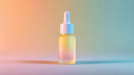 Cosmetic serum bottle against gradient background in vibrant lighting