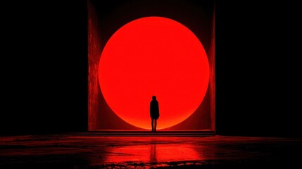 Silhouette person facing a large red orb inside a dark cubic space