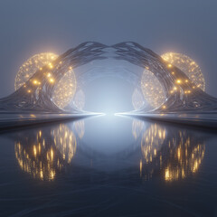 Glowing Spheres in a Digital Abstract: An elegant display of geometric forms and radiant spheres, harmoniously mirroring themselves in a reflective expanse.