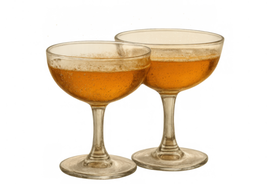 Two vintage coupe glasses filled with golden cocktails, ready for a celebration on transparent background
