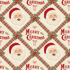 Fototapeta na wymiar Vintage Santa, Christmas plaid, letterring seamless pattern. Cozy cottagecore winter holidays wallpaper, patchwork repeat background. Vector New Year damask print, mosaic textile design, gift paper.