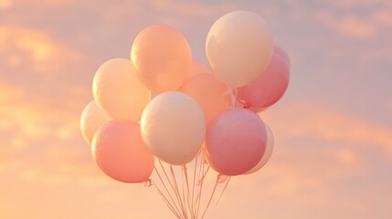 Pastel balloons floating against a warm sunset sky background