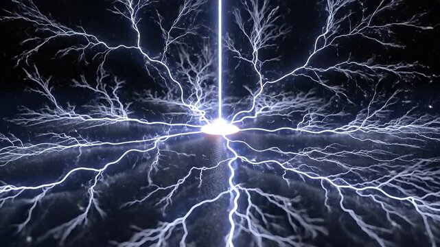 Intense Blue Electrical Arcs Radiating from a Central Power Source.
