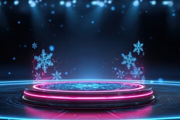 A futuristic circular stage with holographic snowflakes and a vibrant red neon light, creating a mesmerizing Christmas-themed interface.