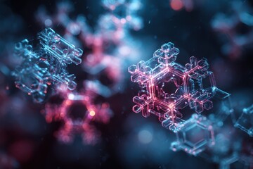 A futuristic and abstract 3D rendering of molecular molecules, resembling a Christmas interface with holographic snowflakes and neon glow.