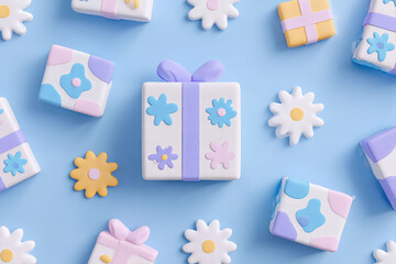 Colorful gift boxes and flowers on a pastel blue background, top view